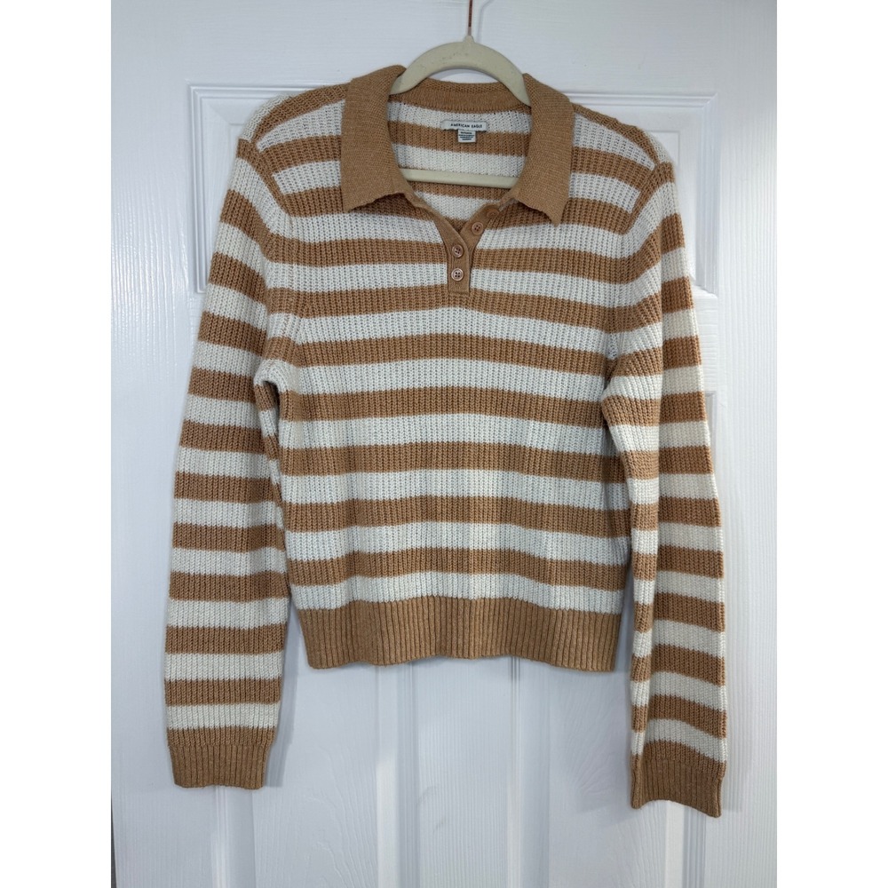 American Eagle Polo Sweater Womens XL Tan White Excellent Striped Ribbed Knit - Picture 3 of 8
